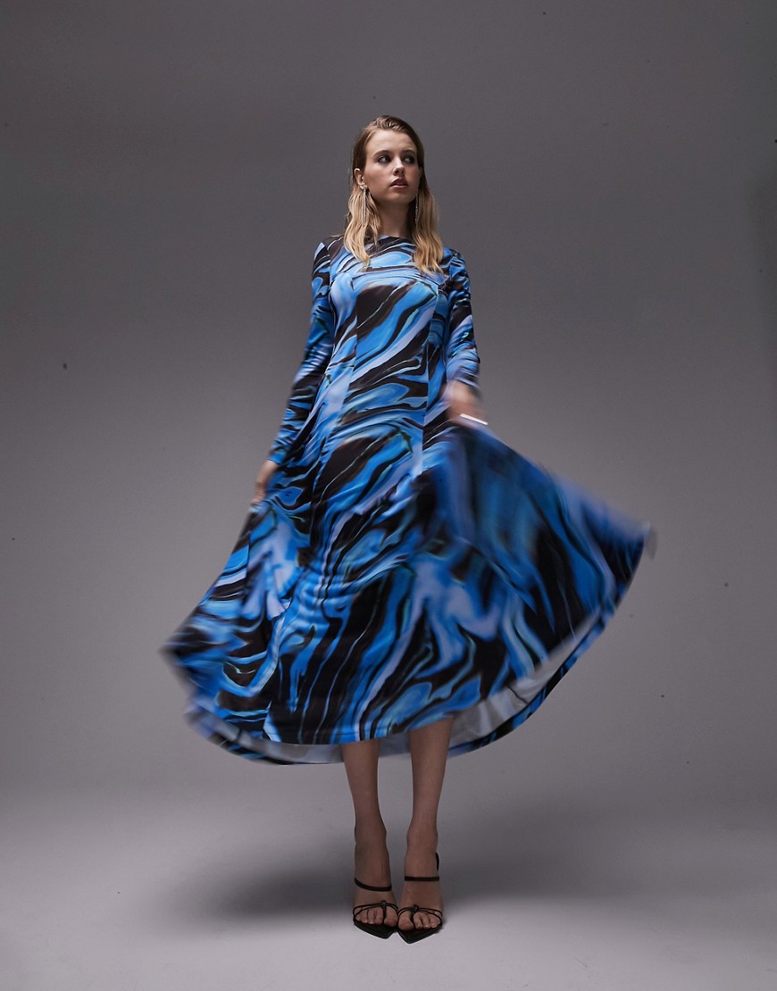 Topshop abstract swirl full skirt midi dress in blue