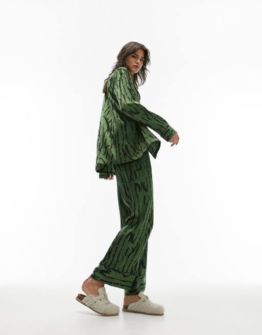 Topshop Maternity Abstract Tiger Print Satin Piped Shirt And Trouser Pyjama  Set In Green for Women