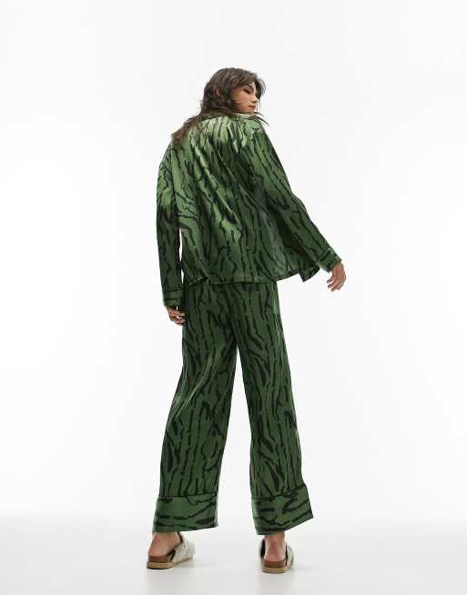 Topshop abstract tiger print satin piped shirt and pants pajama set in green