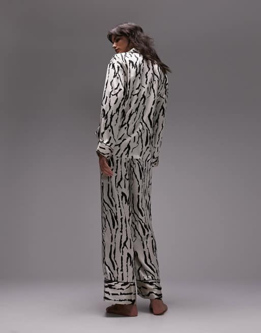 Topshop abstract tiger print satin piped shirt and pants pajama set in ivory