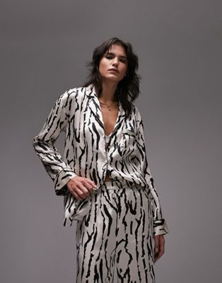 Topshop abstract tiger print satin piped shirt and trouser pyjama set in ivory
