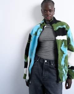 Abstract trend printed borg fleece jacket in multi