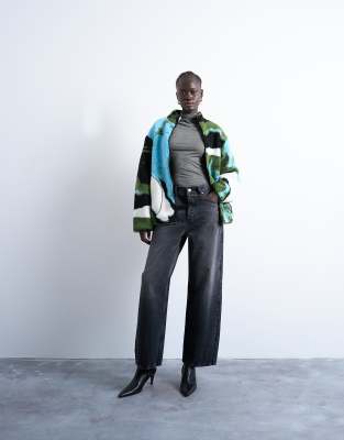 Topshop Abstract Trend Printed Borg Fleece Jacket In Multi