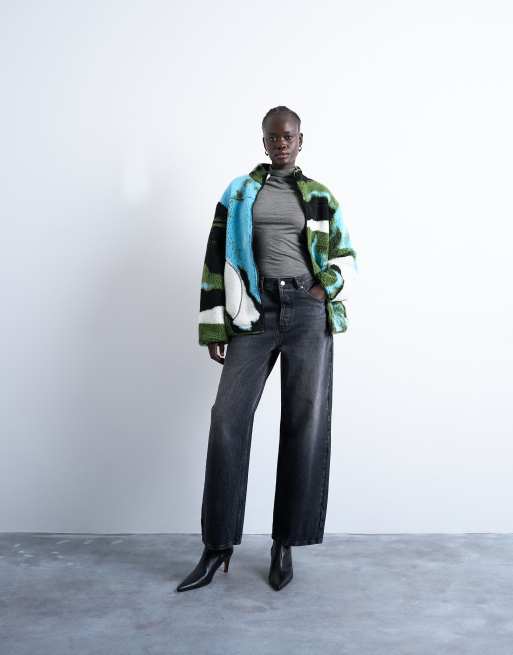 Topshop abstract trend printed borg fleece jacket in multi