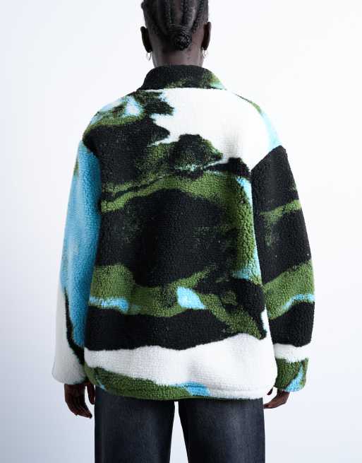 Topshop abstract trend printed borg fleece jacket in multi