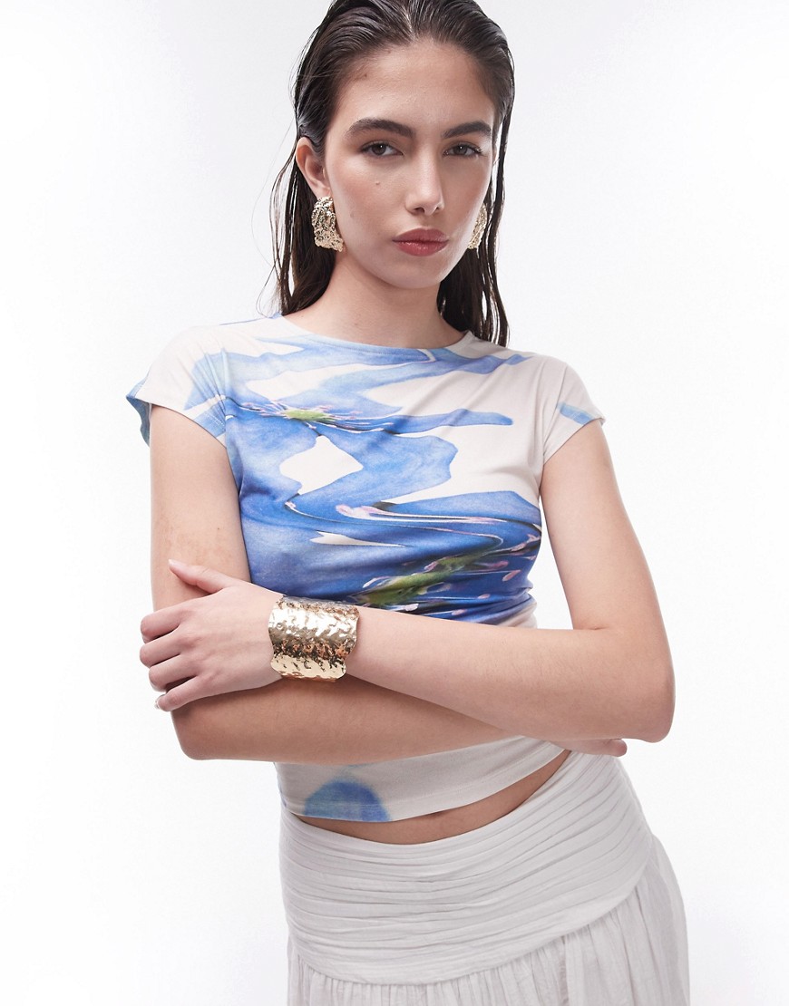 Topshop Abstract Watercolor Cap Sleeve Top In Blue