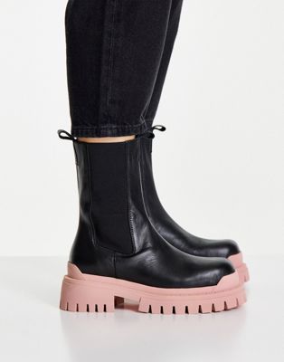 Topshop Ace leather chunky chelsea boot in black and peach - ASOS Price Checker