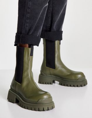 Topshop Ace leather chunky chelsea boot in khaki - ASOS Price Checker