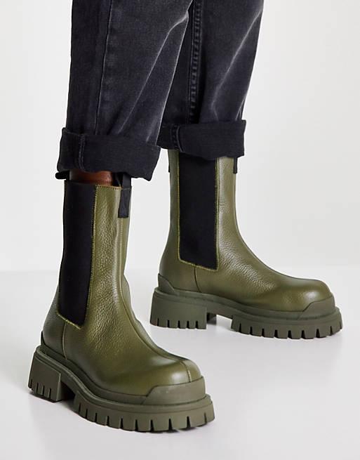Women Boots/Topshop Ace leather chunky chelsea boot in khaki 
