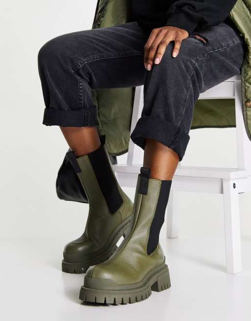 Topshop Ace leather chunky chelsea boot in khaki