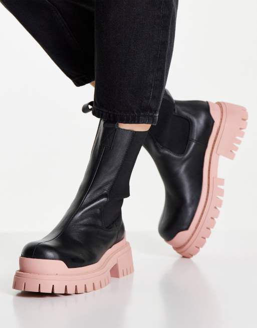 Topshop Ace leather chunky chelsea boots in black and peach, 4 of 4
