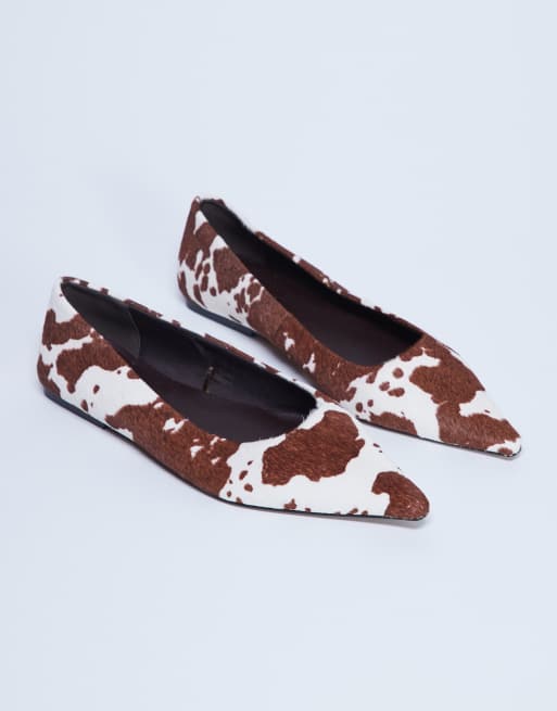 Topshop Ace point toe flat shoe in cow print hair on real leather , 3 of 4