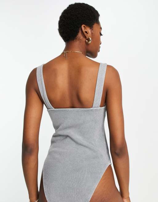 Topshop acid wash buckle bodysuit in washed gray