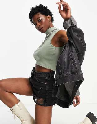 Topshop acid wash cut out funnel crop top in khaki - view 1