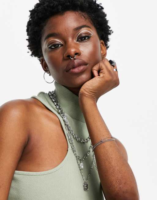 Topshop acid wash cut out funnel crop top in khaki, 2 of 4
