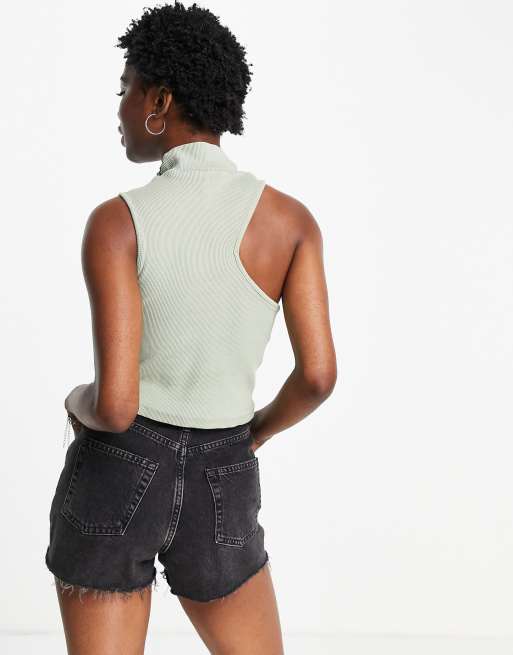 Topshop acid wash cut out funnel crop top in khaki, 3 of 4