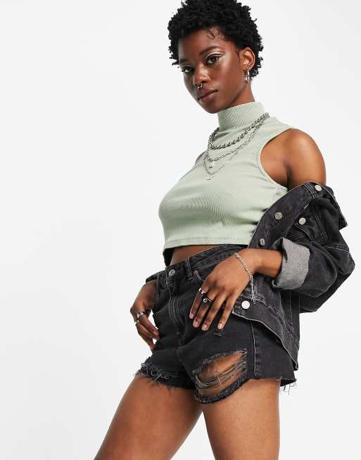 Topshop acid wash cut out funnel crop top in khaki, 4 of 4