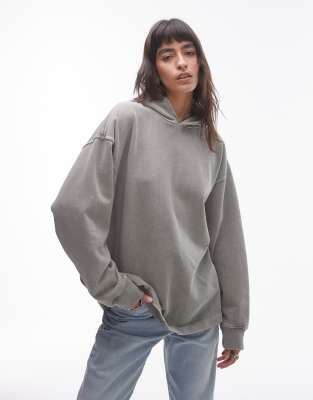 Topshop acid wash drop shoulder hoodie in washed khaki-Green