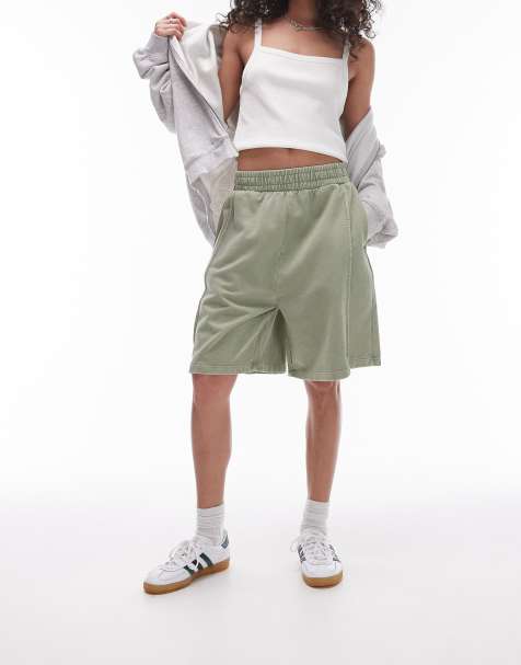 Topshop acid wash longline shorts in sage - view 1