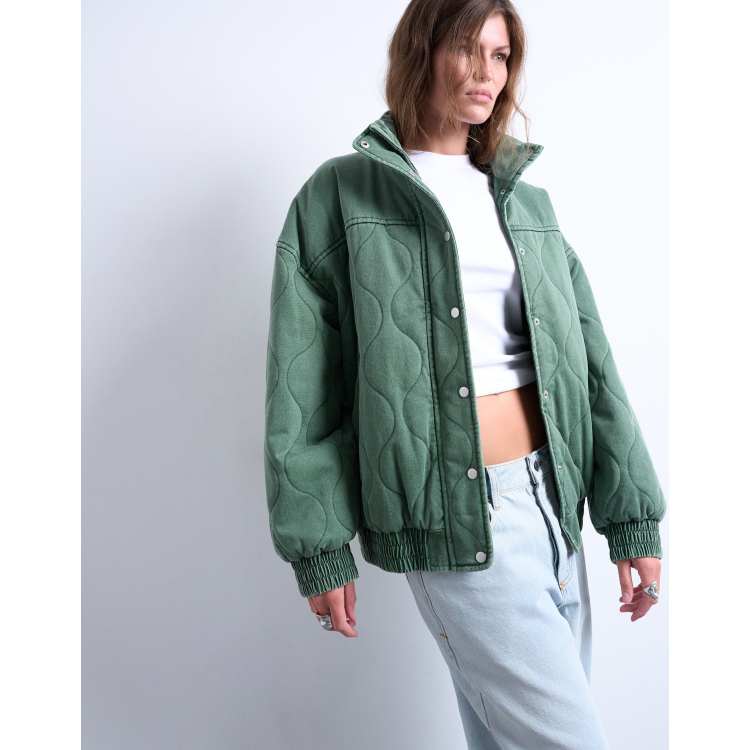 Topshop acid wash oversized quilted cotton bomber jacket in green