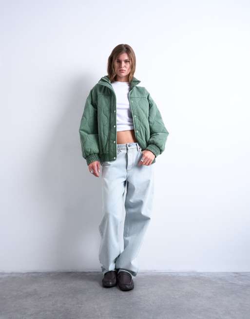 Topshop acid wash oversized quilted cotton bomber jacket in green