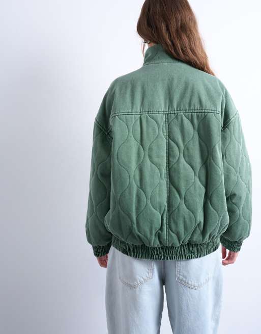 Topshop acid wash oversized quilted cotton bomber jacket in