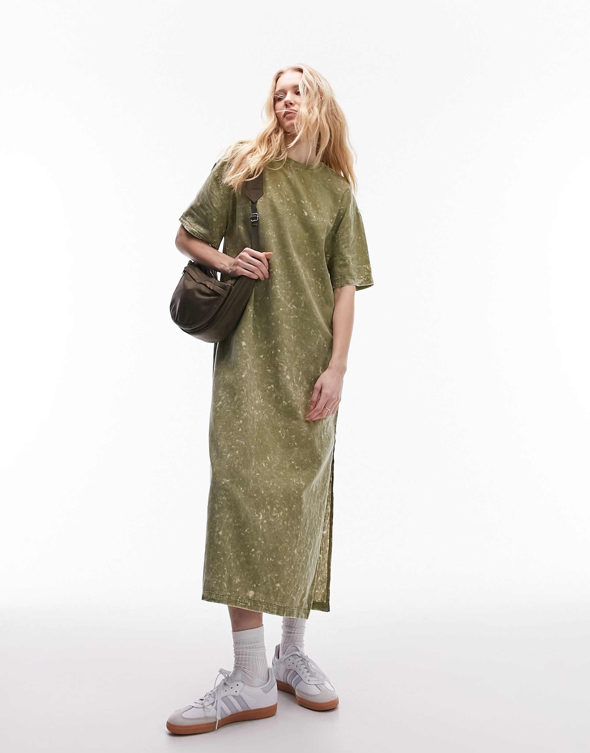 topshop acid wash oversized t shirt dress in green