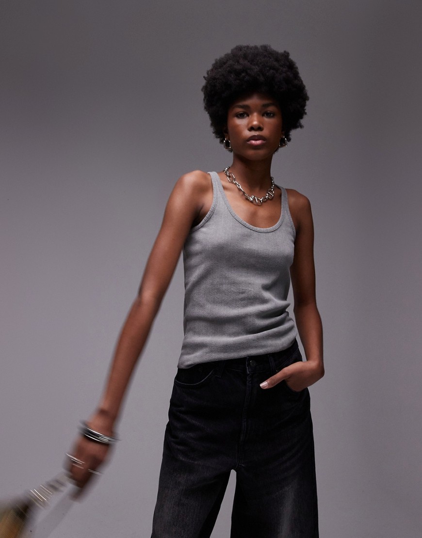 Topshop Acid Wash Pointelle Tank In Charcoal-gray