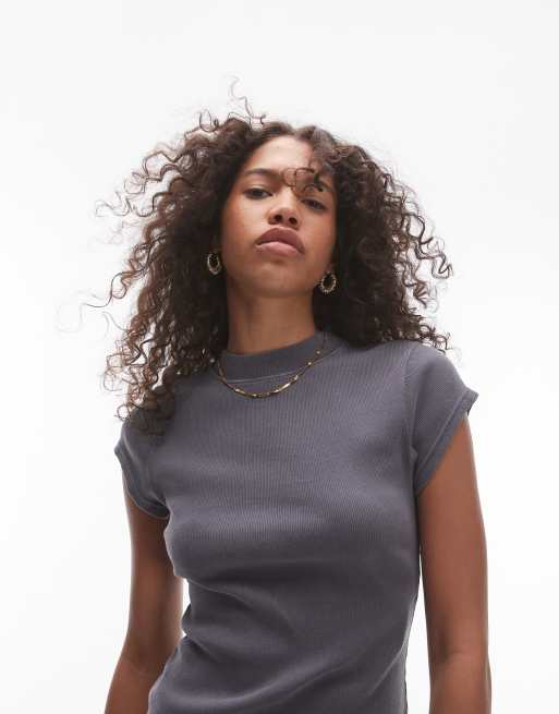 Topshop acid wash rib curve hem fitted tee in slate, 3 of 4