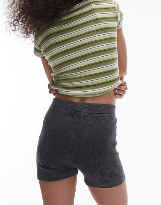 Topshop acid wash rib knicker short in charcoal, 3 of 5