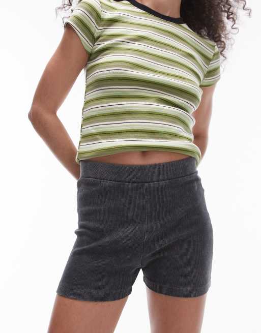 Topshop acid wash rib knicker shorts in charcoal