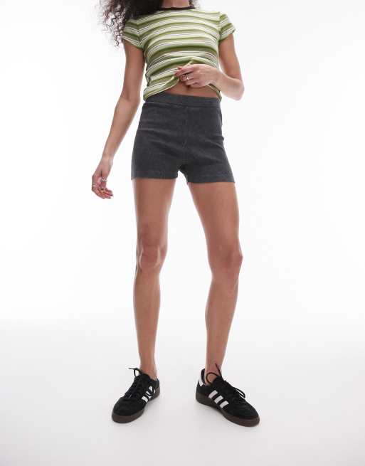 Topshop acid wash rib knicker shorts in charcoal, 2 of 5