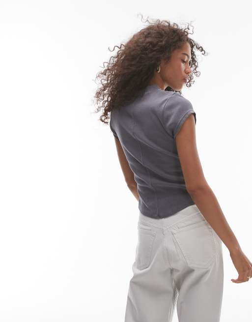 Topshop acid wash ribbed curve hem fitted tee in slate, 4 of 4