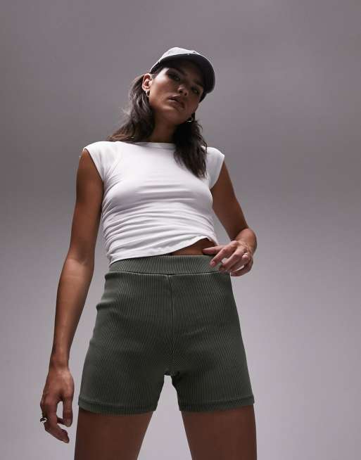 Topshop acid wash ribbed legging shorts in khaki