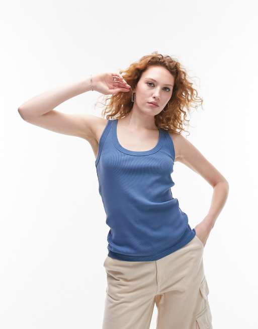 Topshop acid wash ribbed ultimate longline tank top in washed blue