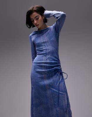 Shop Topshop Acid Wash Ruched Side Midi Dress In Blue