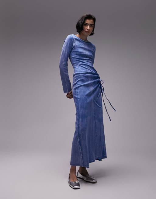 Topshop acid wash ruched side midi dress in blue, 2 of 4