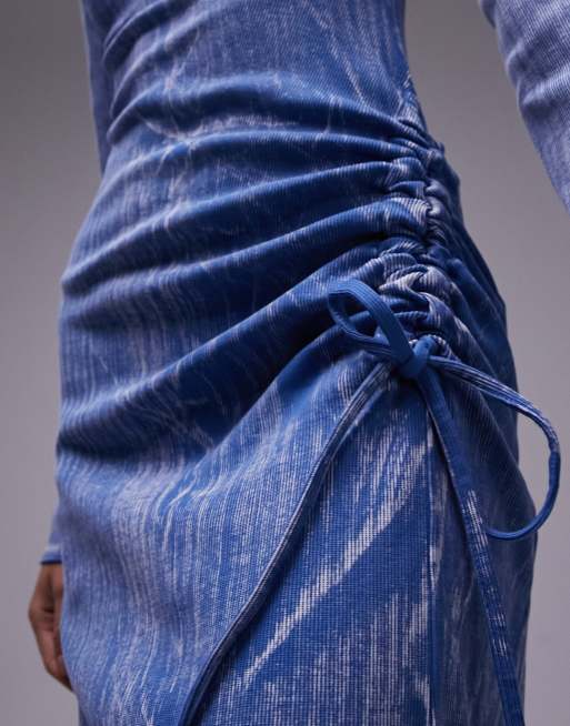 Topshop acid wash ruched side midi dress in blue, 3 of 4