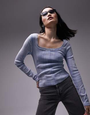 Topshop Acid Wash Scoop Neck Long Sleeve Top In Blue