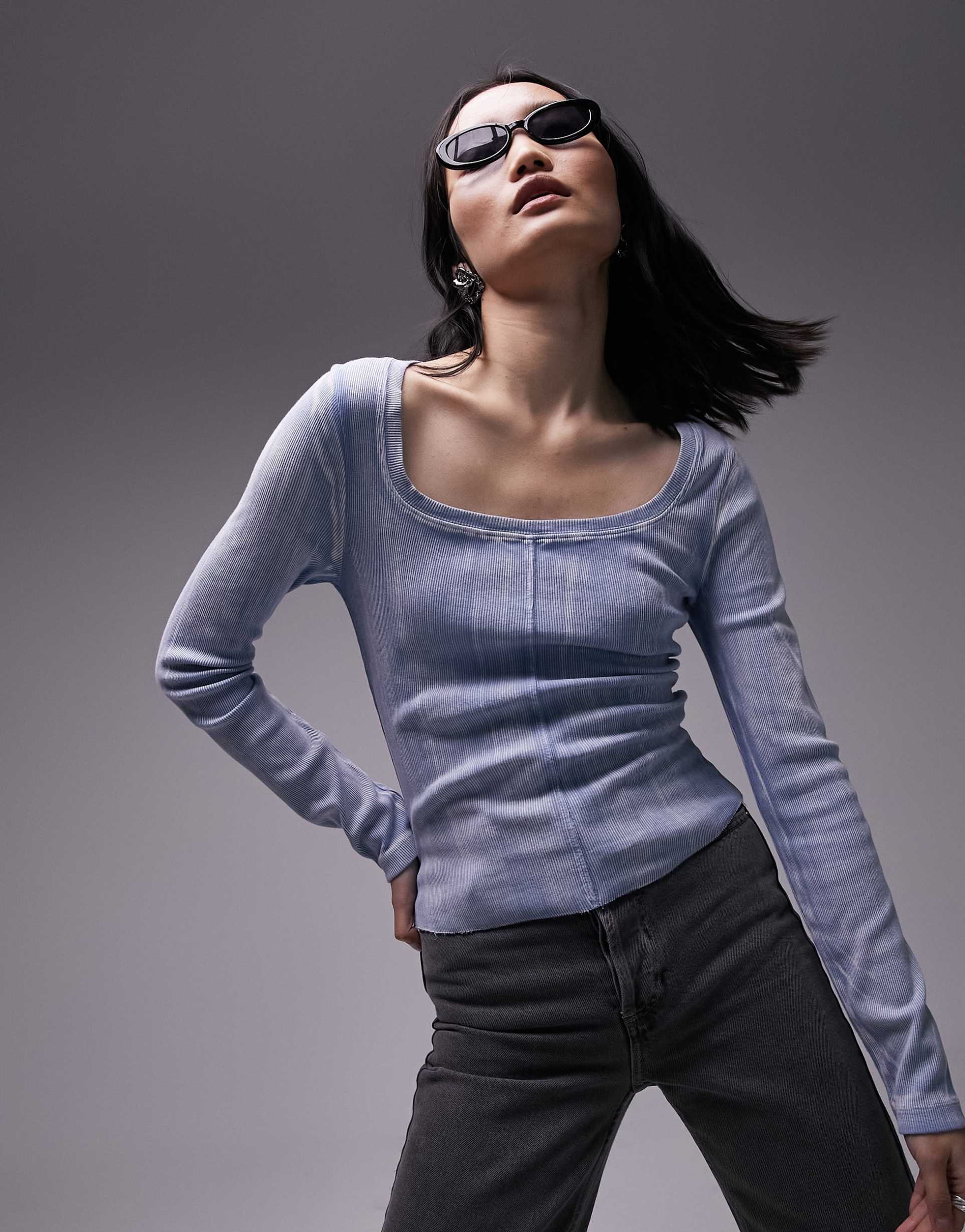 topshop acid wash scoop neck long sleeve top in blue