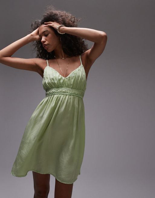 Topshop acid wash shirred channelled mini dress in green
