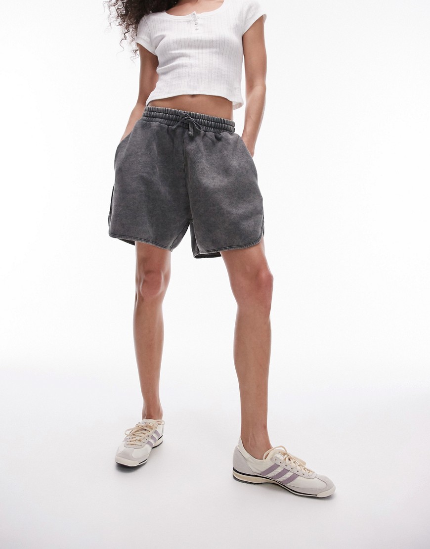 Topshop Acid Wash Sweatpants Fabric Shorts In Washed Black