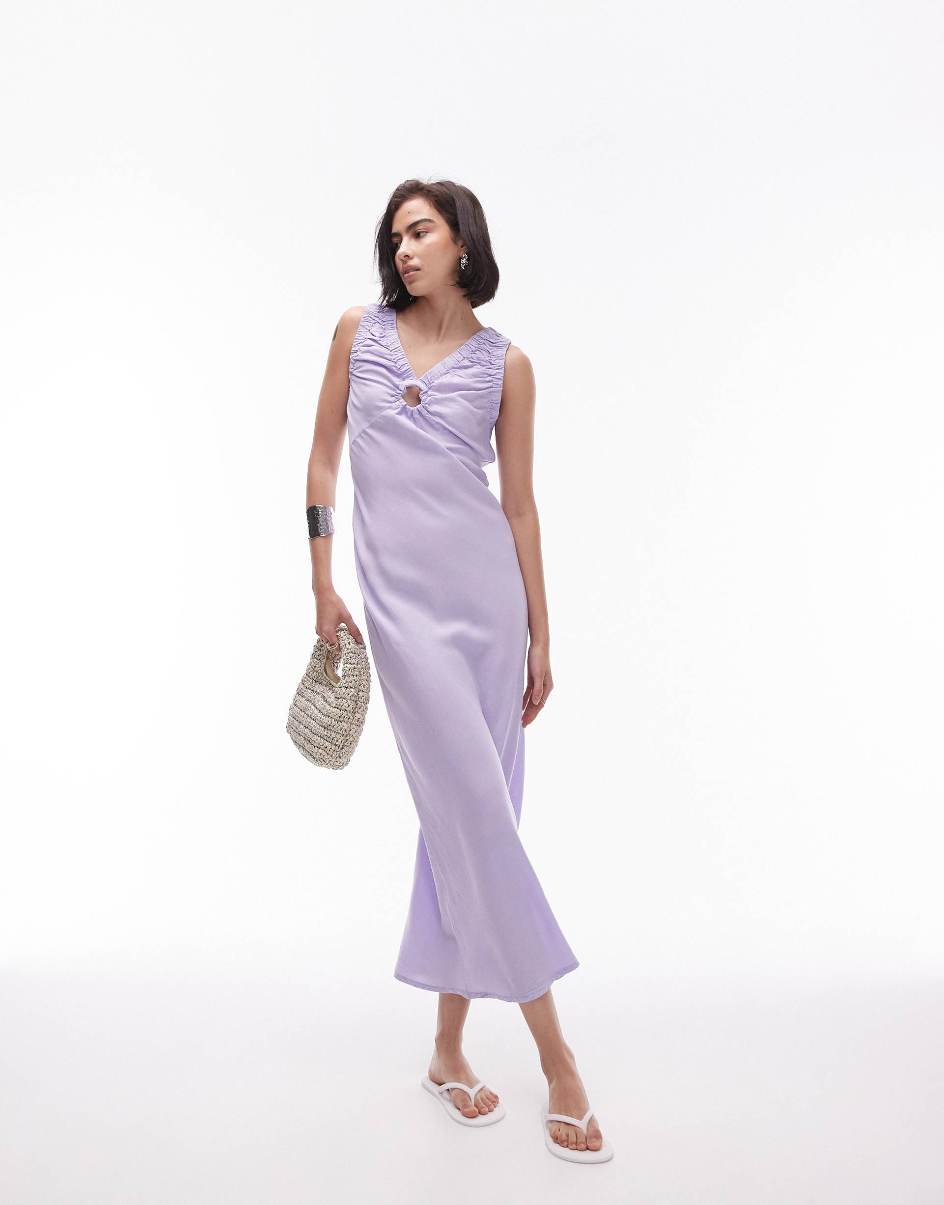 topshop acid wash v neck key hole midi dress in lilac