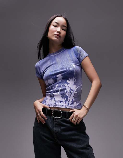 Topshop acid washed blurred floral longline tee in cobalt