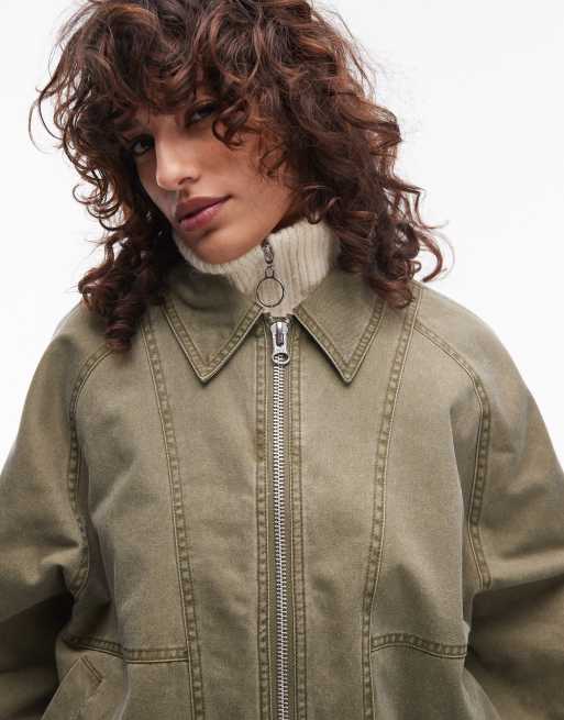 Topshop acid washed bomber jacket in khaki