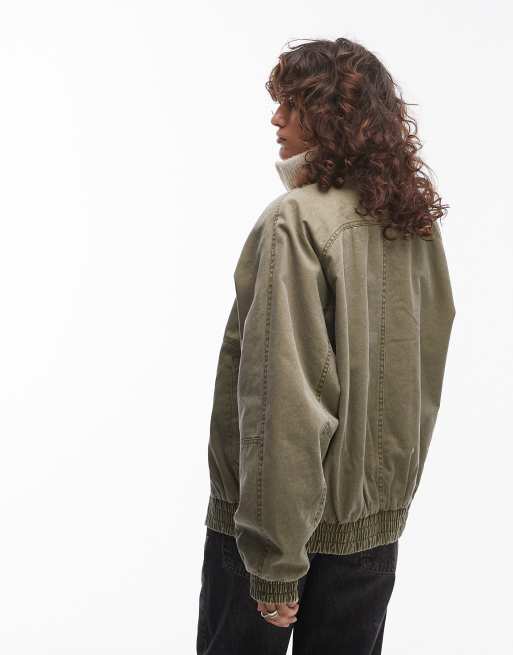Topshop acid washed bomber jacket in khaki