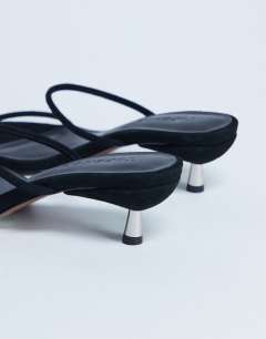 Model wearing Ada real suede kitten heel mule in black