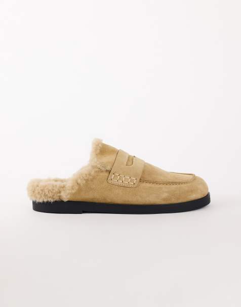 Topshop Addie echte suède muiltjesloafer met faux-fur in zandkleur - view 1