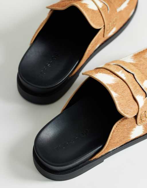 Topshop Addie hair on real leather mule loafer in large deer print, 3 of 4