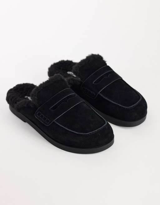 Topshop Addie loafers med öppen häl i äkta mocka med fårskinnsfoder, svart, 2 av 4